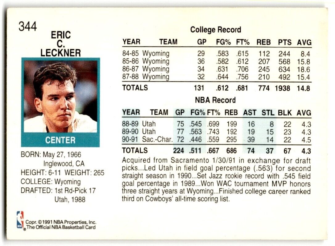 1991-92 Hoops Eric Leckner Charlotte Hornets #344