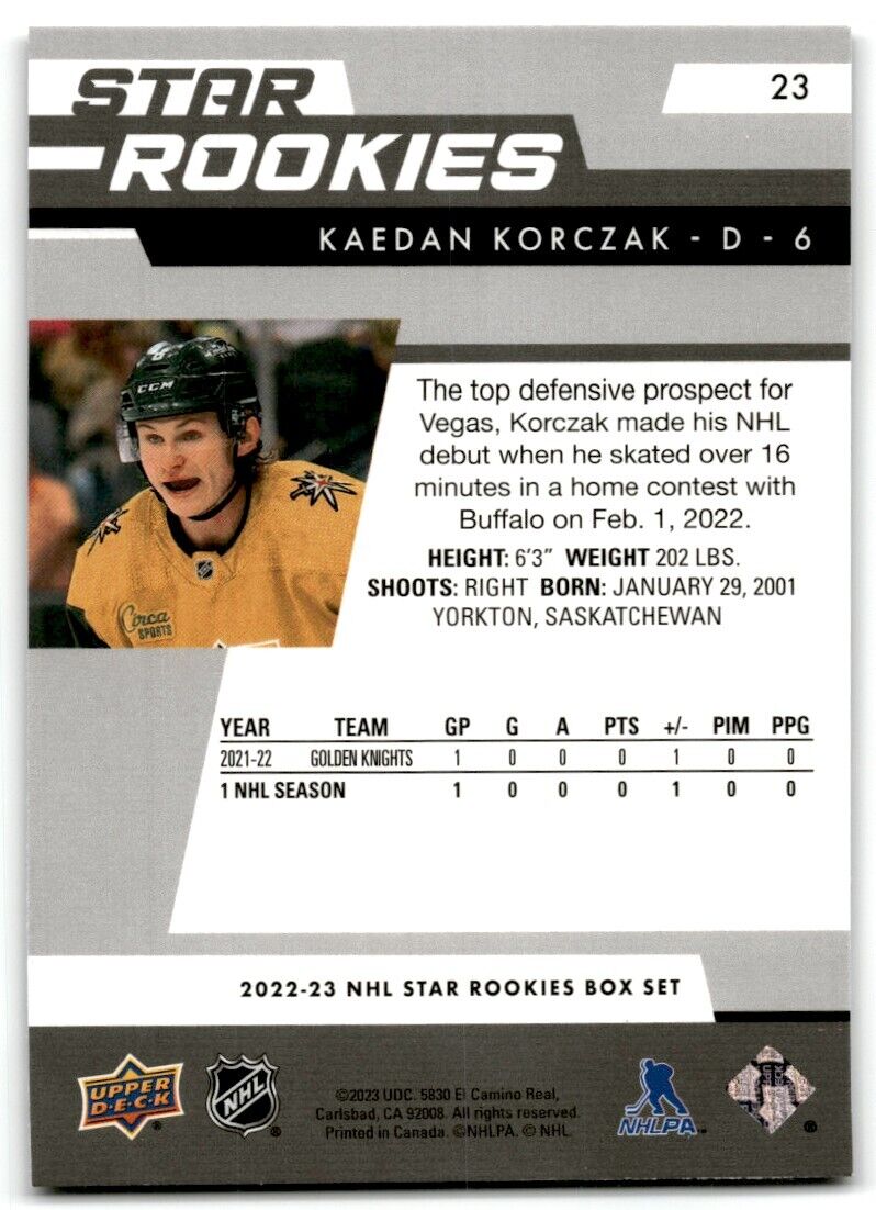 2022-23 Upper Deck Star Rookies Kaeden Korczak Rookie Vegas Golden Knights #23