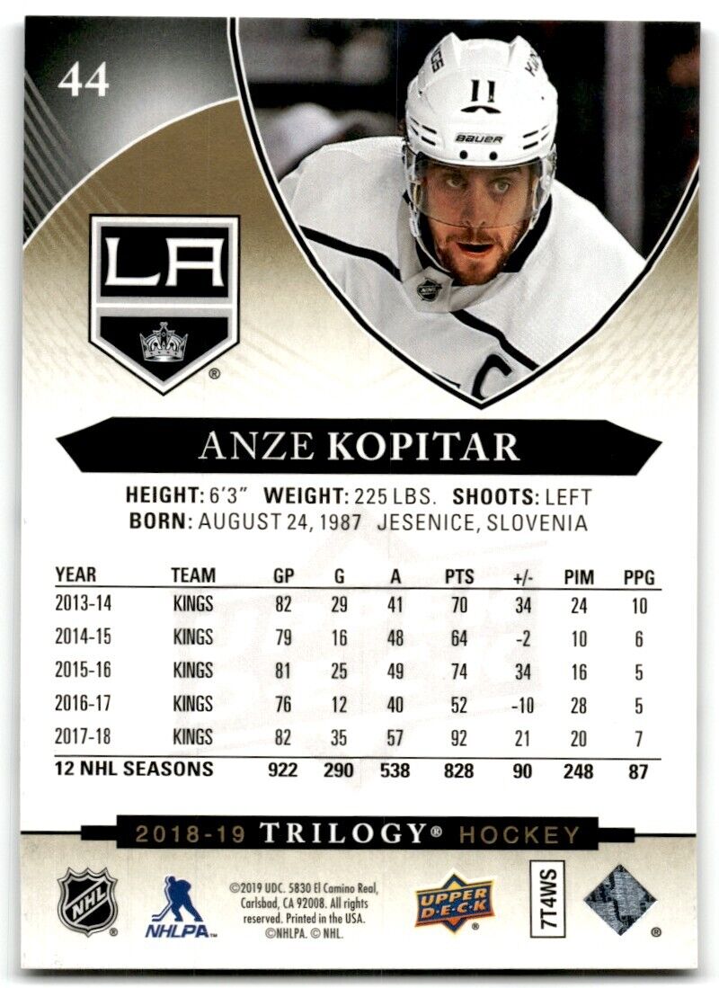 2018-19 Upper Deck Trilogy Anze Kopitar Los Angeles Kings #44