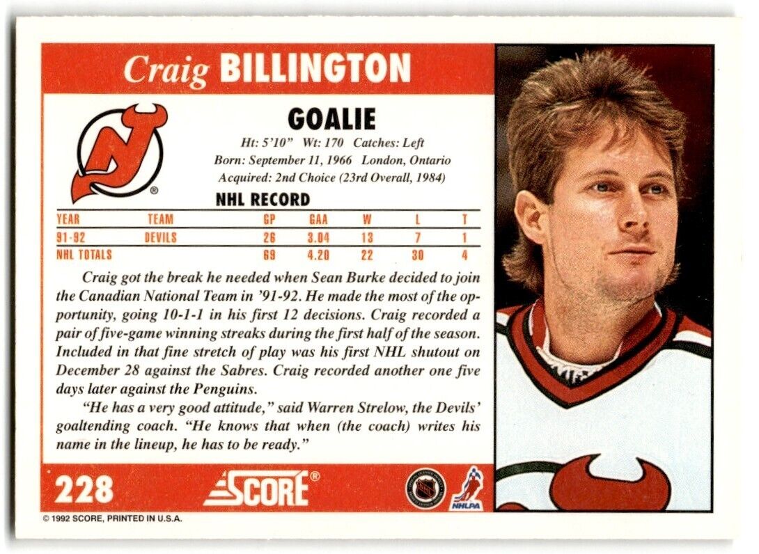 1992-93 Score Craig Billington New Jersey Devils #228