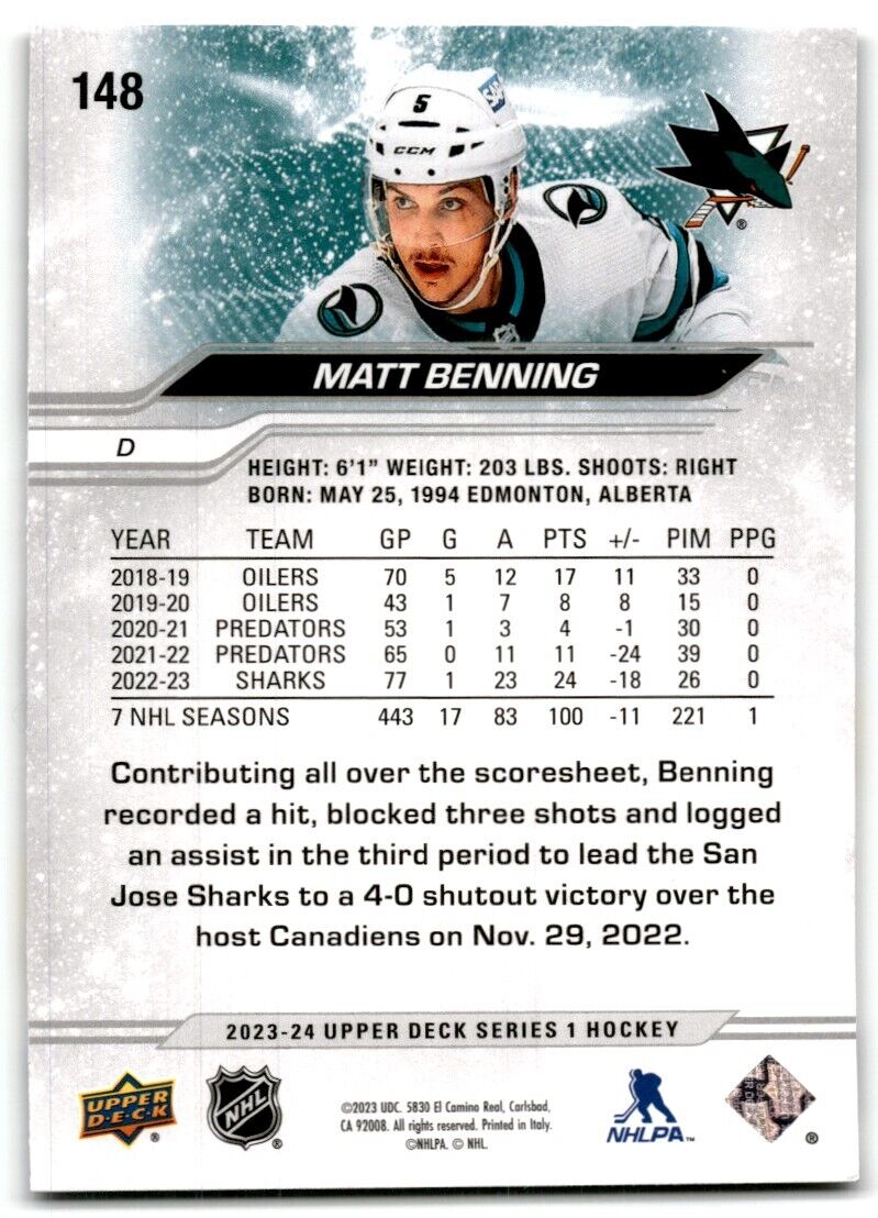 2023-24 Upper Deck Matt Benning San Jose Sharks #148