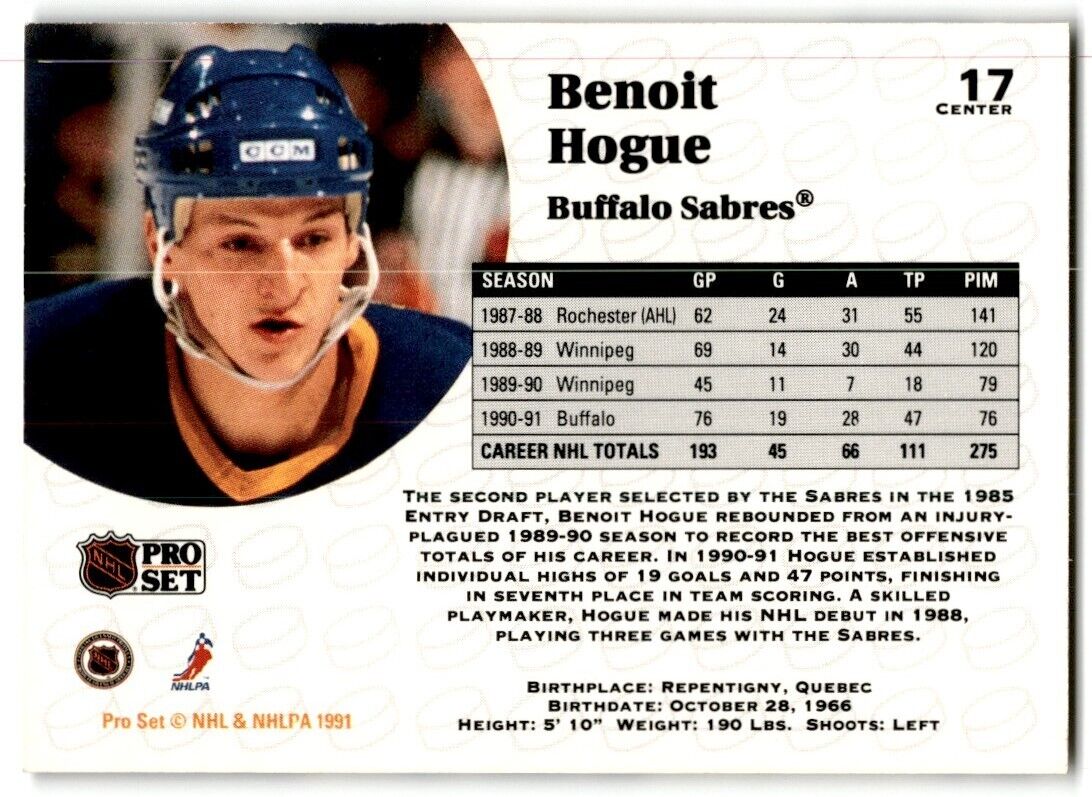 1991-92 Pro Set Benoit Hogue Buffalo Sabres #17