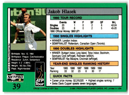 1991 Protennis player Cards Netpro Tour Star Jakob Hlasek #39