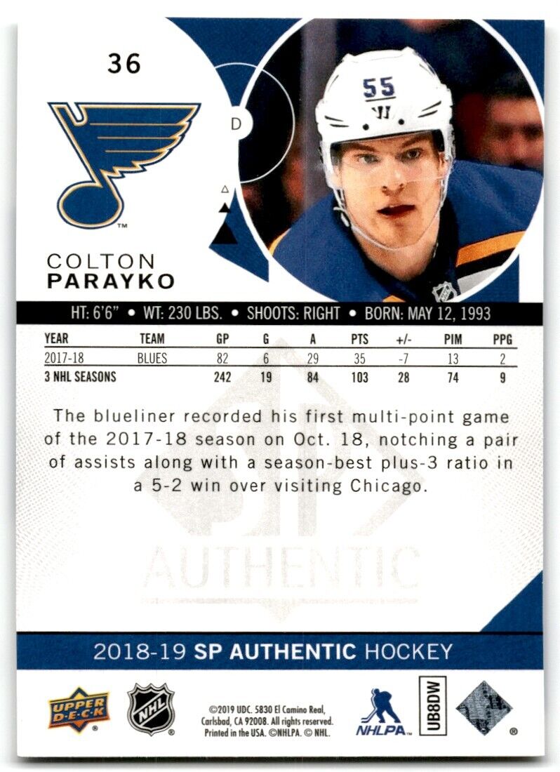 2018-19 SP Authentic Colton Parayko St. Louis Blues #36