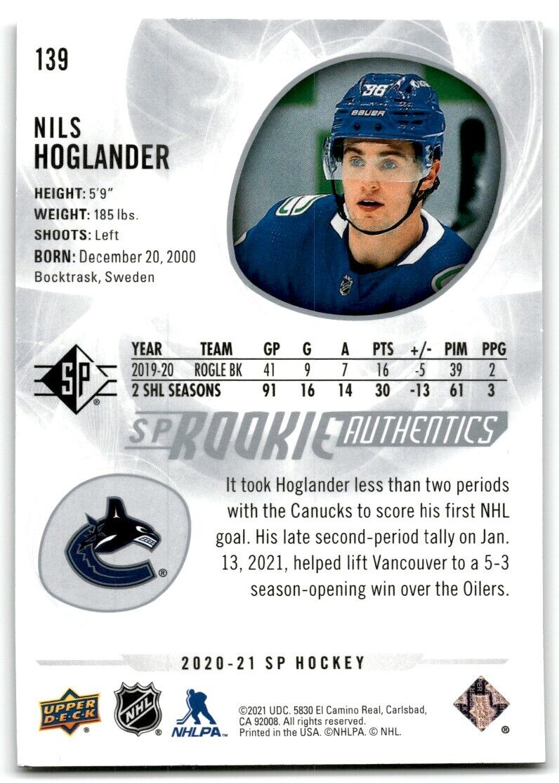 2020-21 Upper Deck Stature Nils Hoglander Rookie Vancouver Canucks #139