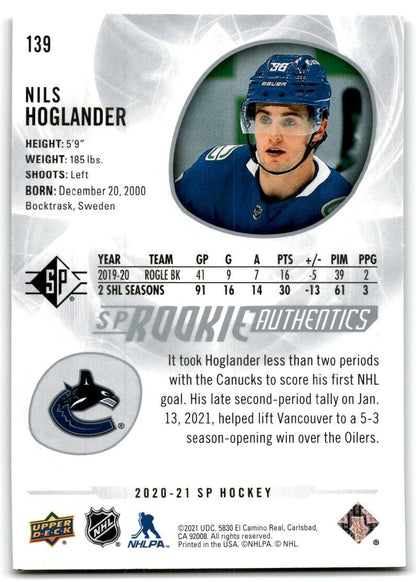 2020-21 Upper Deck Stature Nils Hoglander Rookie Vancouver Canucks #139