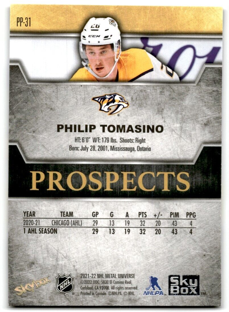 2021-22 Skybox Metal Universe Premium Prospects Philip Tomasino Rookie Nashville