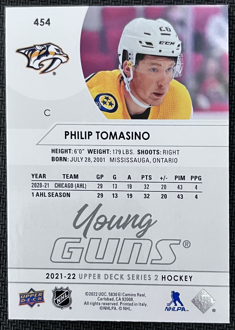 2021-22 Upper Deck Philip Tomasino Rookie Nashville Predators #454