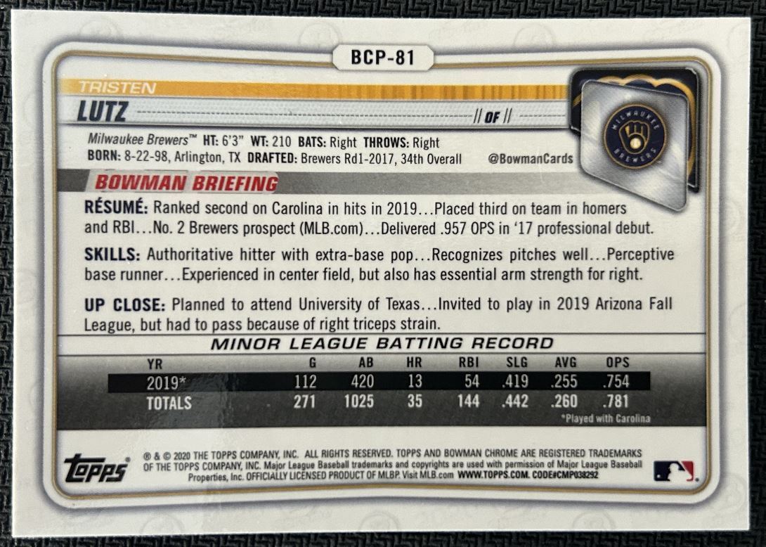 2020 Bowman Chrome Prospects Tristen Lutz Milwaukee Brewers #BCP-81