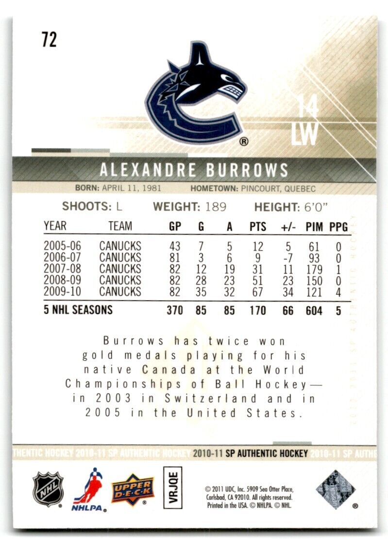 2010-11 SP Authentic Alexandre Burrows Vancouver Canucks #72