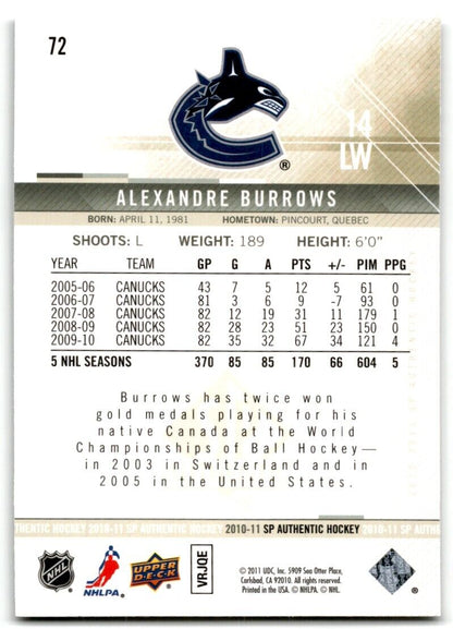 2010-11 SP Authentic Alexandre Burrows Vancouver Canucks #72