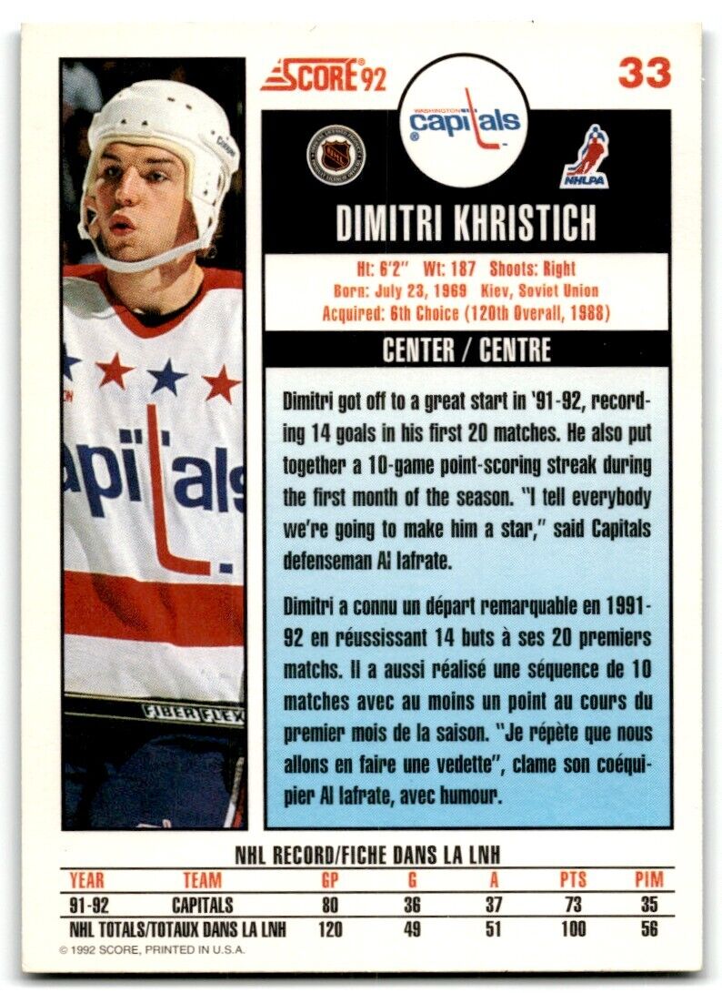 1992-93 Score Canadian Dmitri Khristich Washington Capitals #33