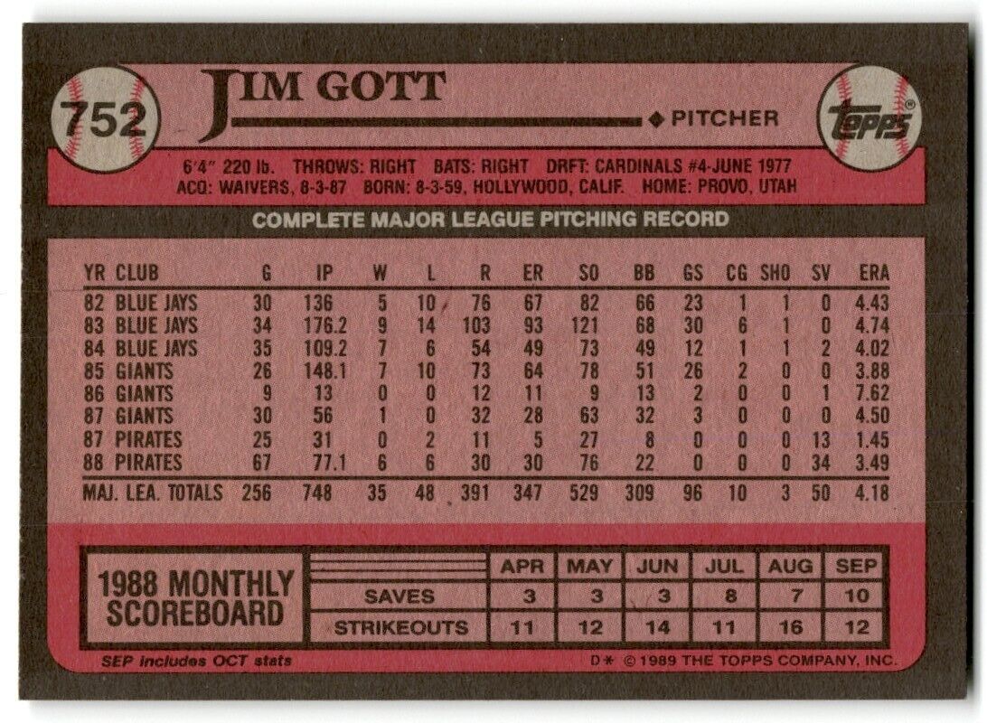 1989 Topps Jim Gott Pittsburgh Pirates #752