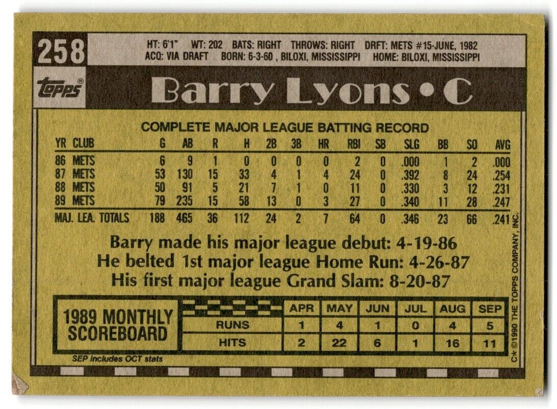 1990 Topps Barry Lyons New York Mets #258