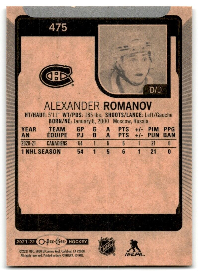 2021-22 O-Pee-Chee Alexander Romanov Montreal Canadiens #475