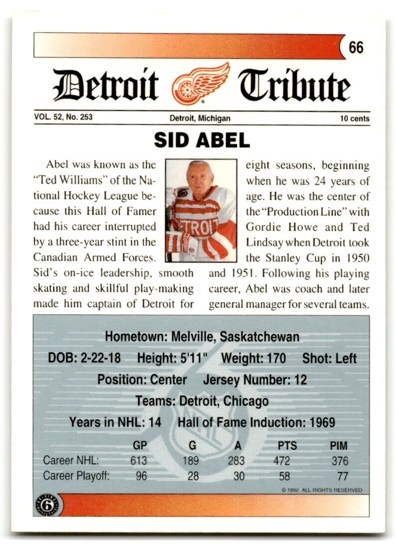 1991-92 Ultimate Original 6 Sid Abel Detroit Red Wings #66