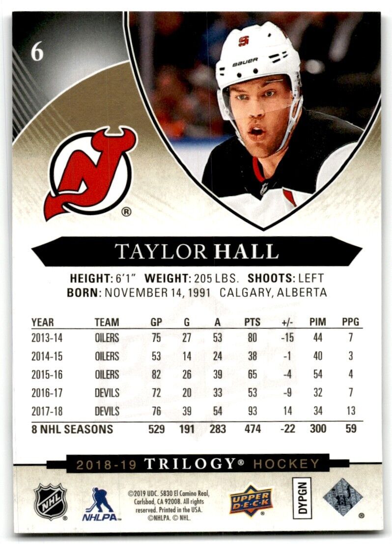 2018-19 Upper Deck Trilogy Taylor Hall New Jersey Devils #6