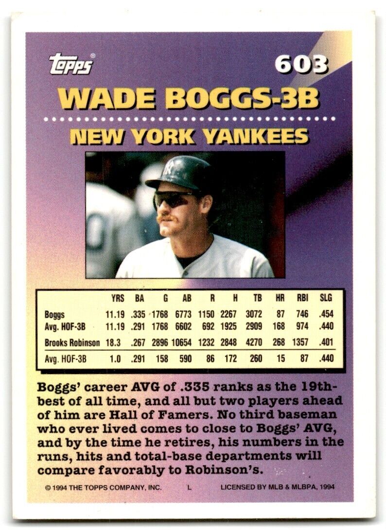 1994 Topps Wade Boggs New York Yankees #603