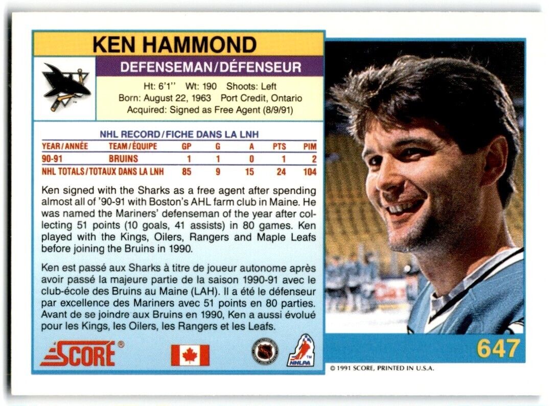 1991-92 Score Canadian Bilingual Ken Hammond Rookie San Jose Sharks #647