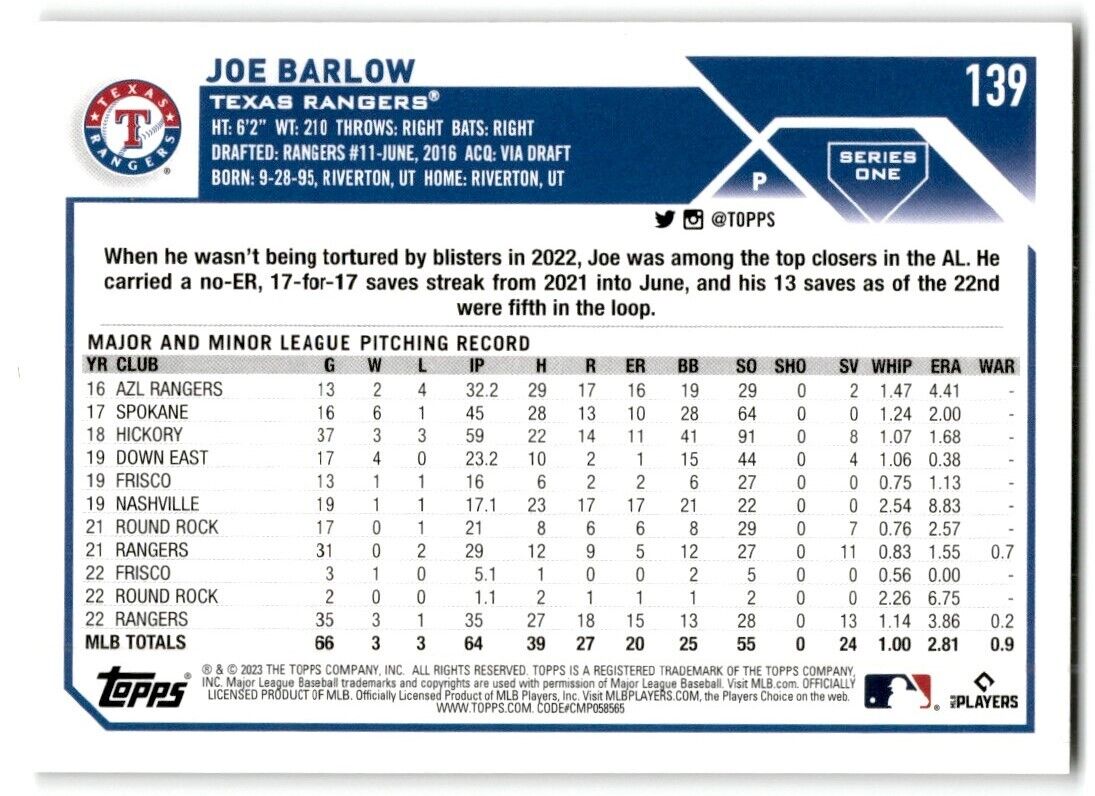 2023 Topps Joe Barlow Texas Rangers #139