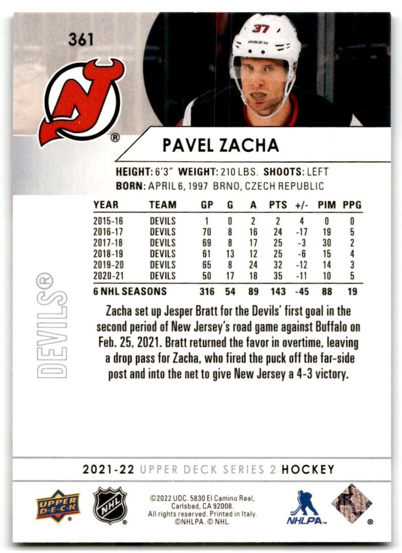 2021-22 Upper Deck Pavel Zacha New Jersey Devils #361