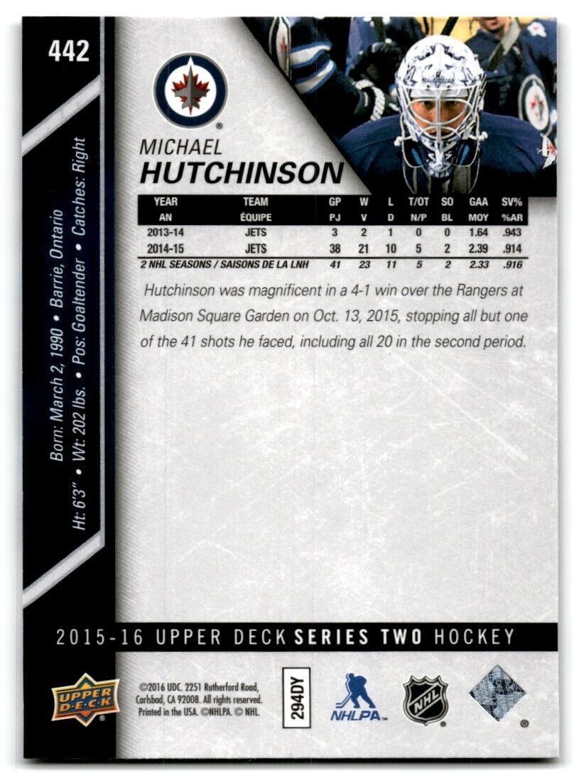 2015-16 Upper Deck Michael Hutchinson Winnipeg Jets #442