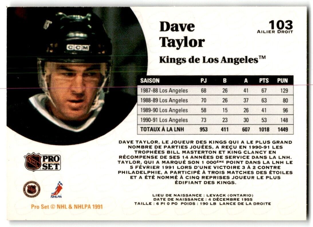 1991-92 Pro Set French Dave Taylor Los Angeles Kings #103