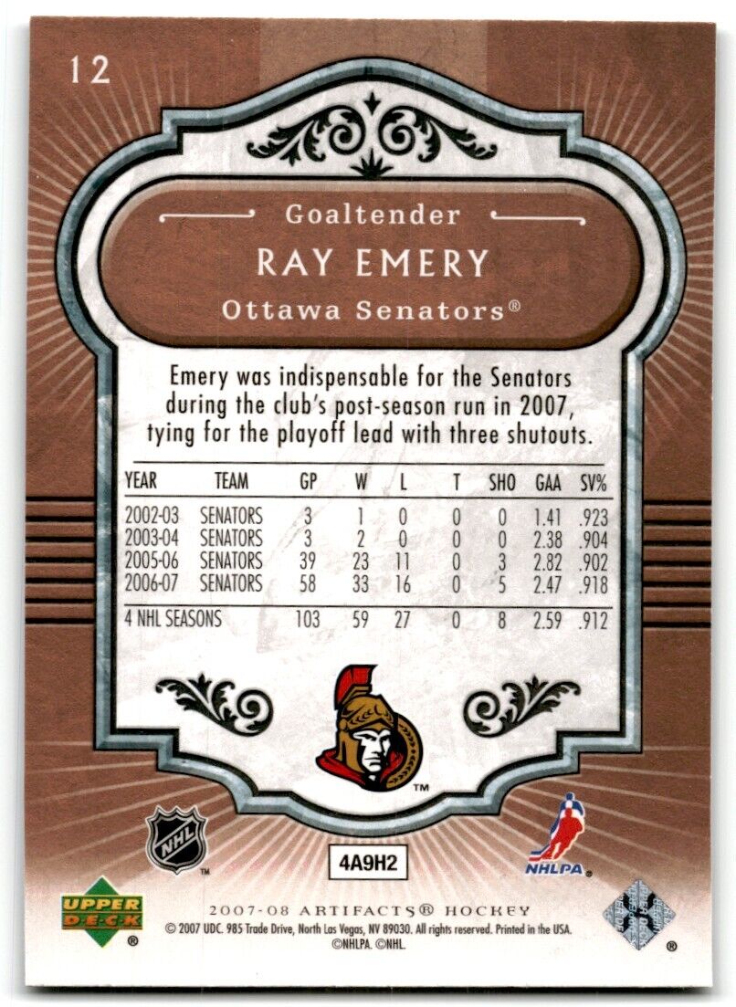 2007-08 Upper Deck Artifacts Ray Emery Ottawa Senators #12