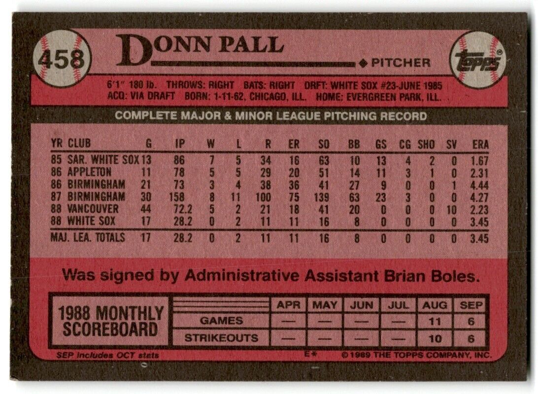 1989 Topps Donn Pall Chicago White Sox #458