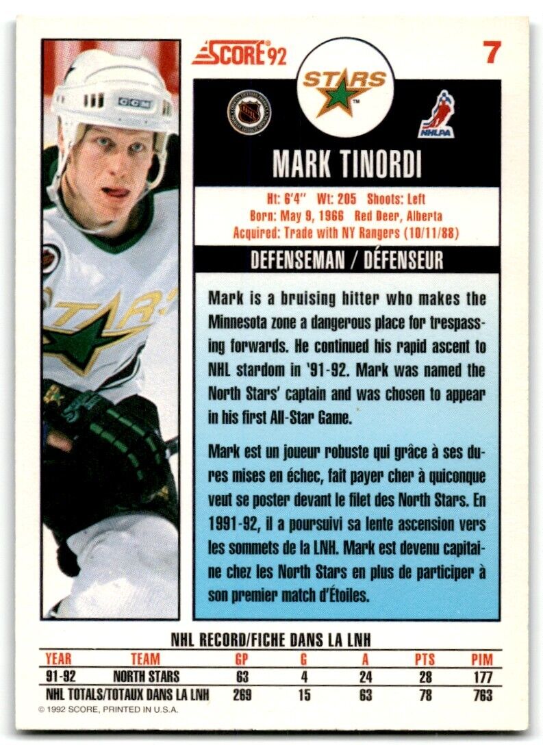 1992-93 Score Mark Tinordi Minnesota North Stars #7