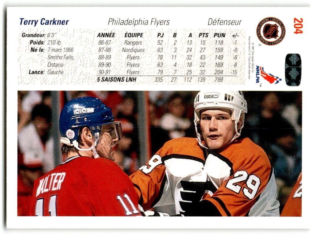 1991-92 Upper Deck French Terry Carkner Philadelphia Flyers #204