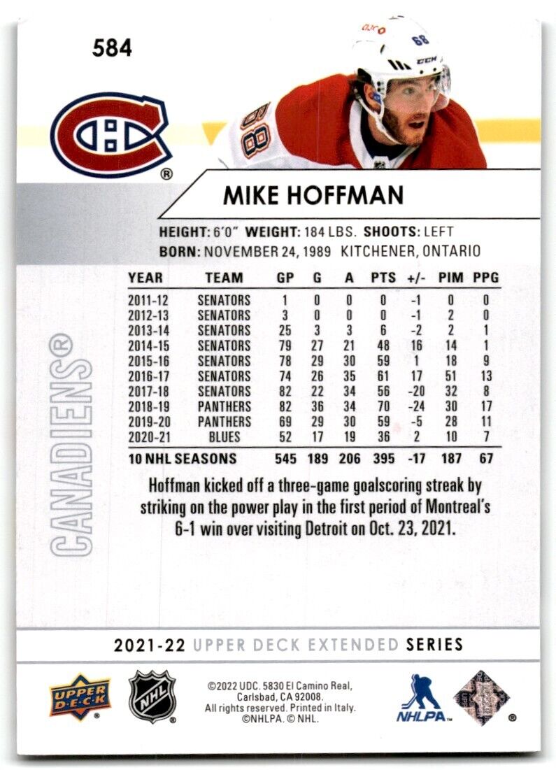 2021-22 Upper Deck Mike Hoffman Montreal Canadiens #584