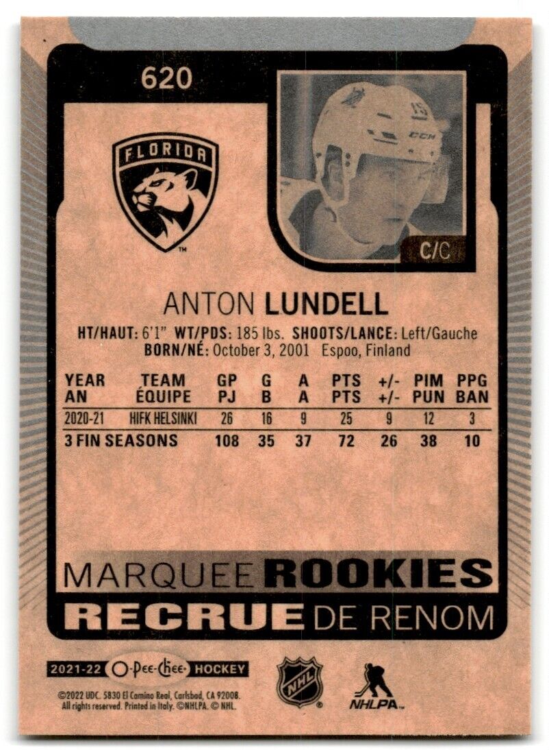 2021-22 O-Pee-Chee Markee Rookies Anton Lundell Rookie Florida Panthers #620