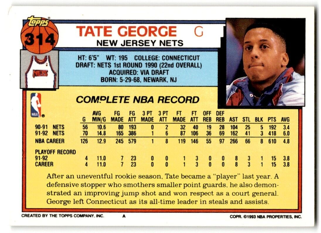 1992-93 Topps Tate George New Jersey Nets #314