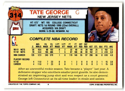 1992-93 Topps Tate George New Jersey Nets #314