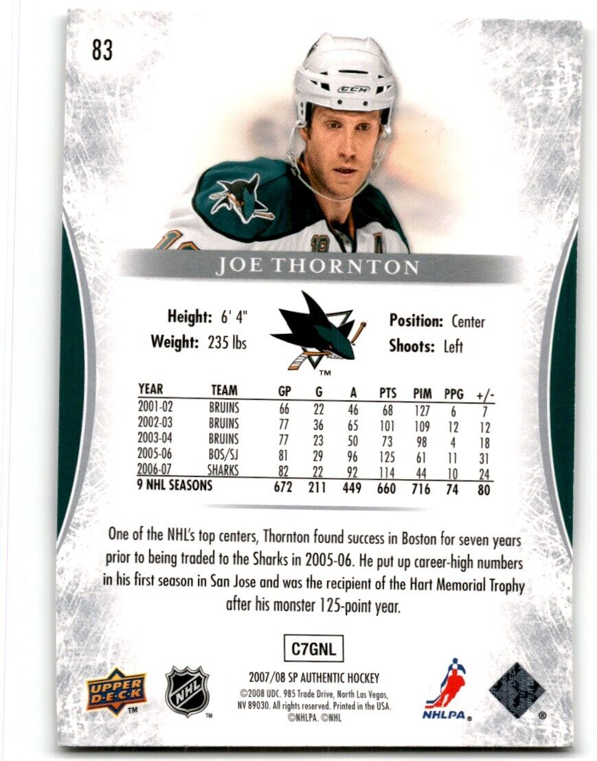 2007-08 SP Authentic Joe Thornton San Jose Sharks #83