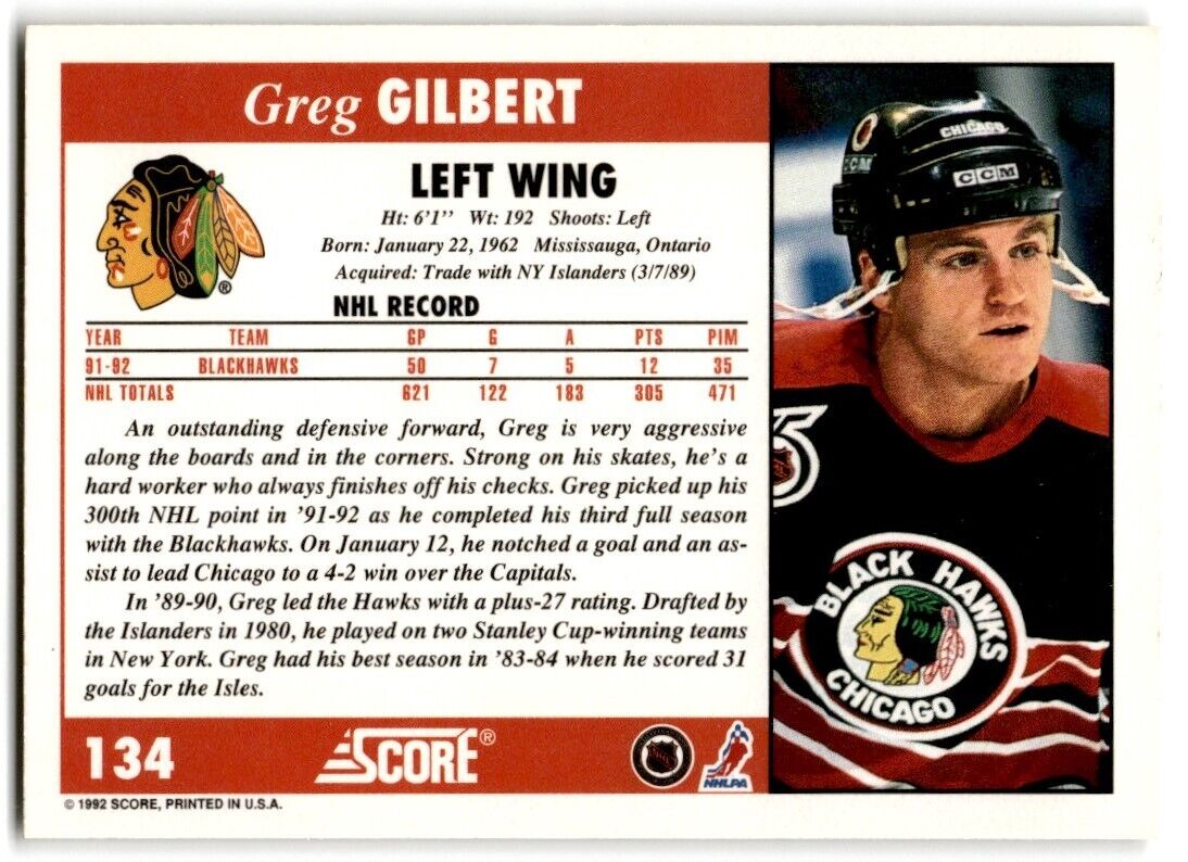 1992-93 Score Greg Gilbert Chicago Blackhawks #134