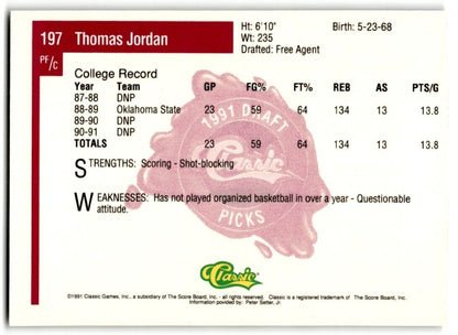 1991-92 Classic Thomas Jordan Rookie Oklahoma State Cowboys #197