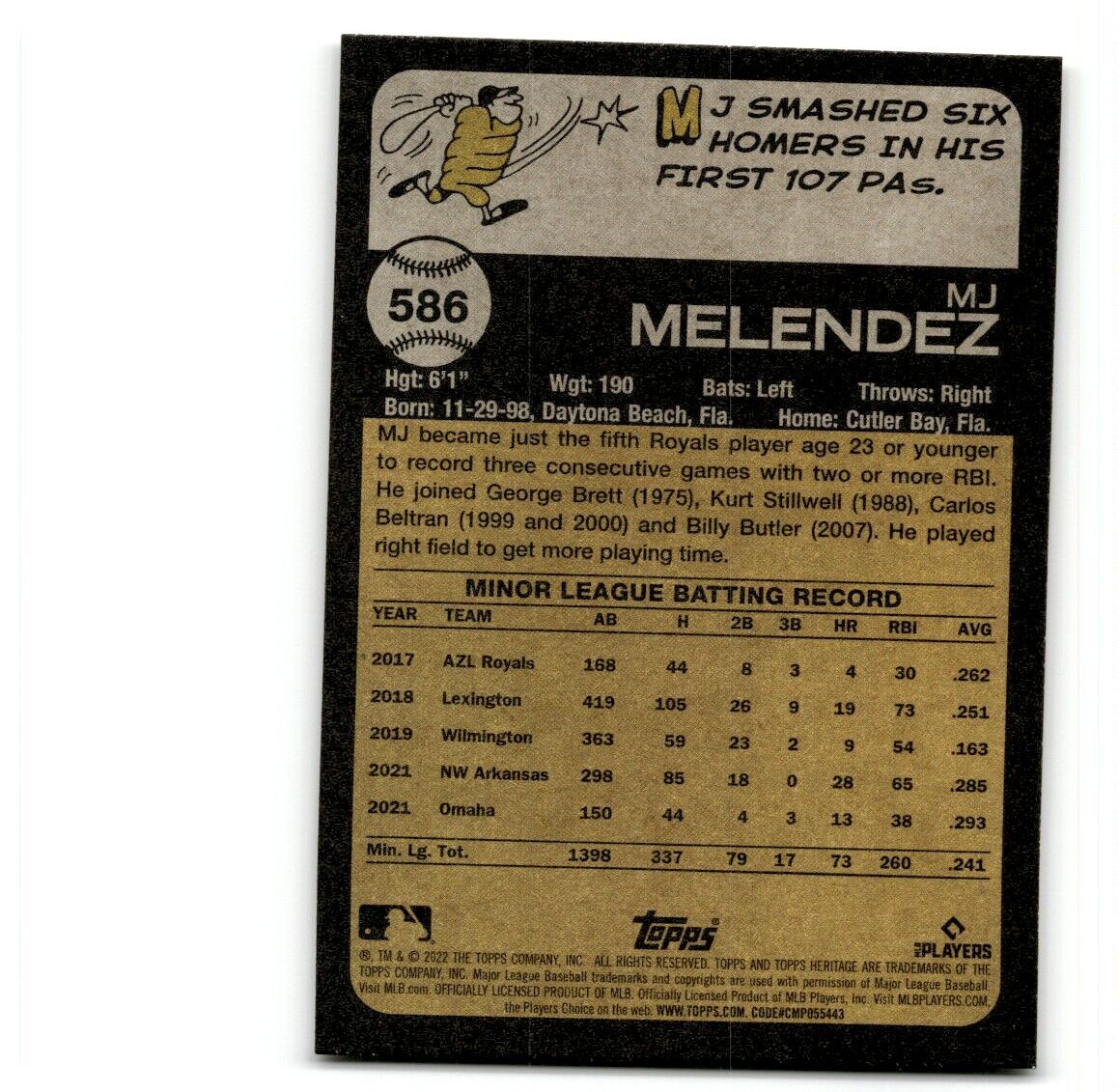 2022 Topps Heritage MJ Melendez Rookie Kansas City Royals #586