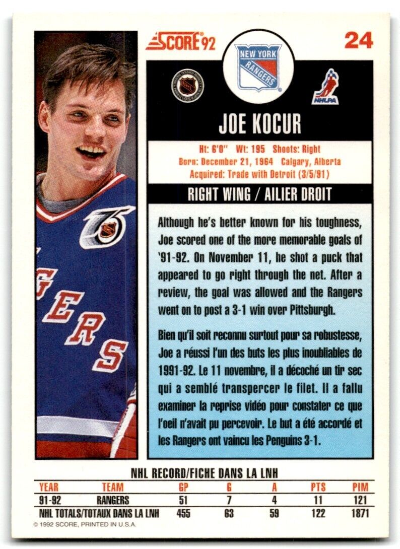 1992-93 Score Canadian Joey Kocur New York Rangers #24