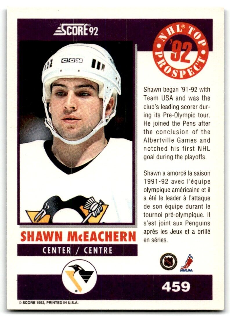 1992-93 Score Canadian Shawn McEachern Pittsburgh Penguins #459