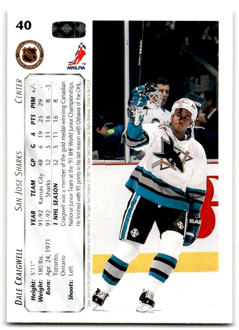 1992-93 Upper Deck Dale Craigwell San Jose Sharks #40