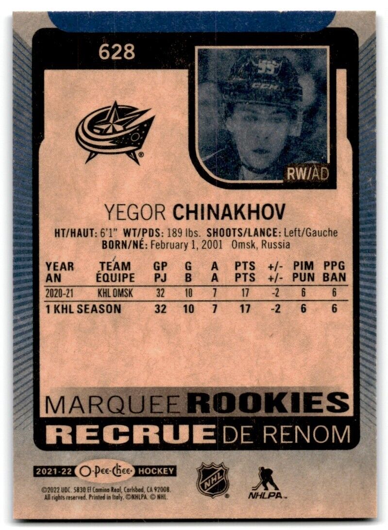 2021-22 O-Pee-Chee Markee Rookies Yegor Chinakhov Rookie Columbus Blue Jackets