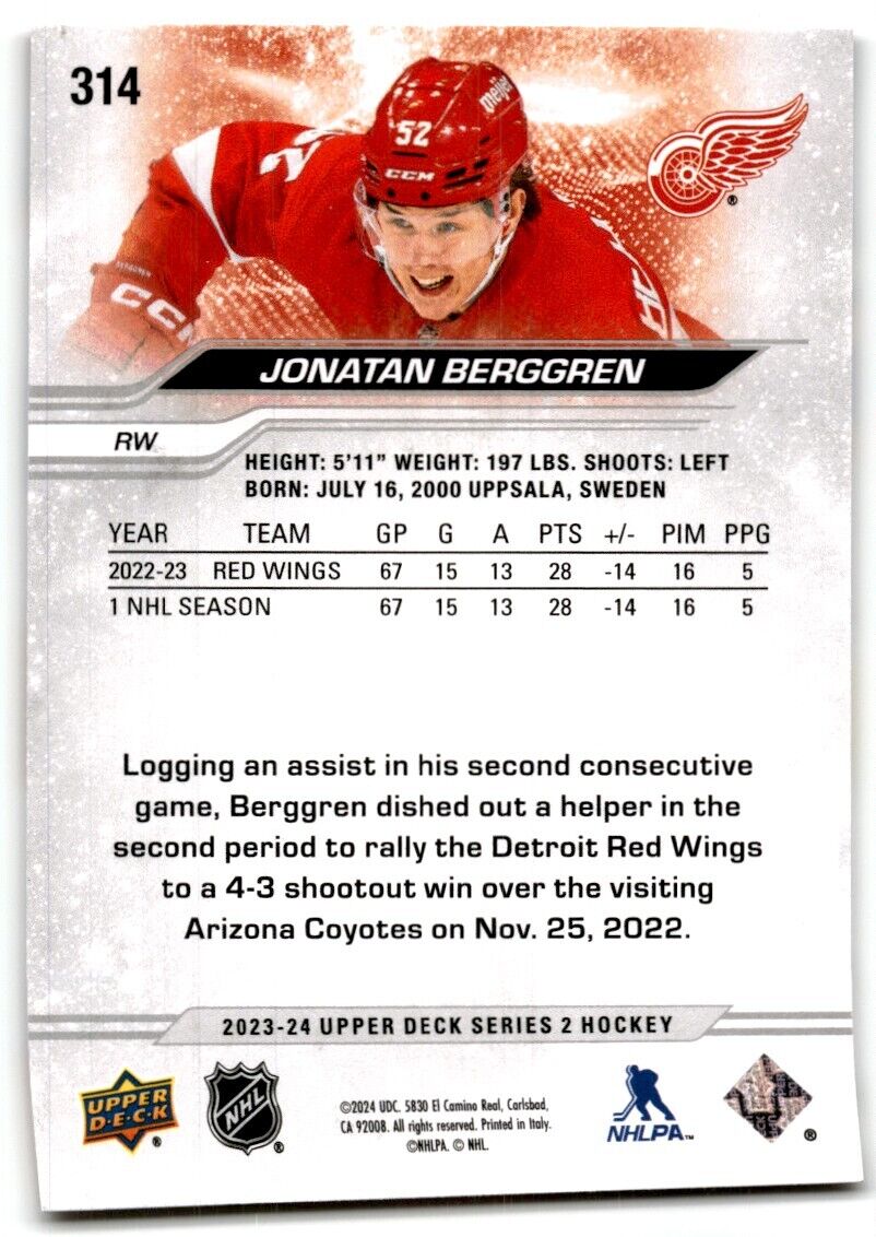 2023-24 Upper Deck Jonatan Berggren Detroit Red Wings #314