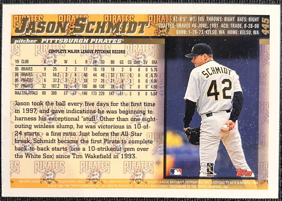 1998 Topps Jason Schmidt Pittsburgh Pirates #445