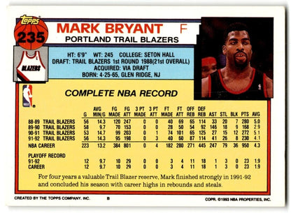 1992-93 Topps Mark Bryant Portland Trail Blazers #235