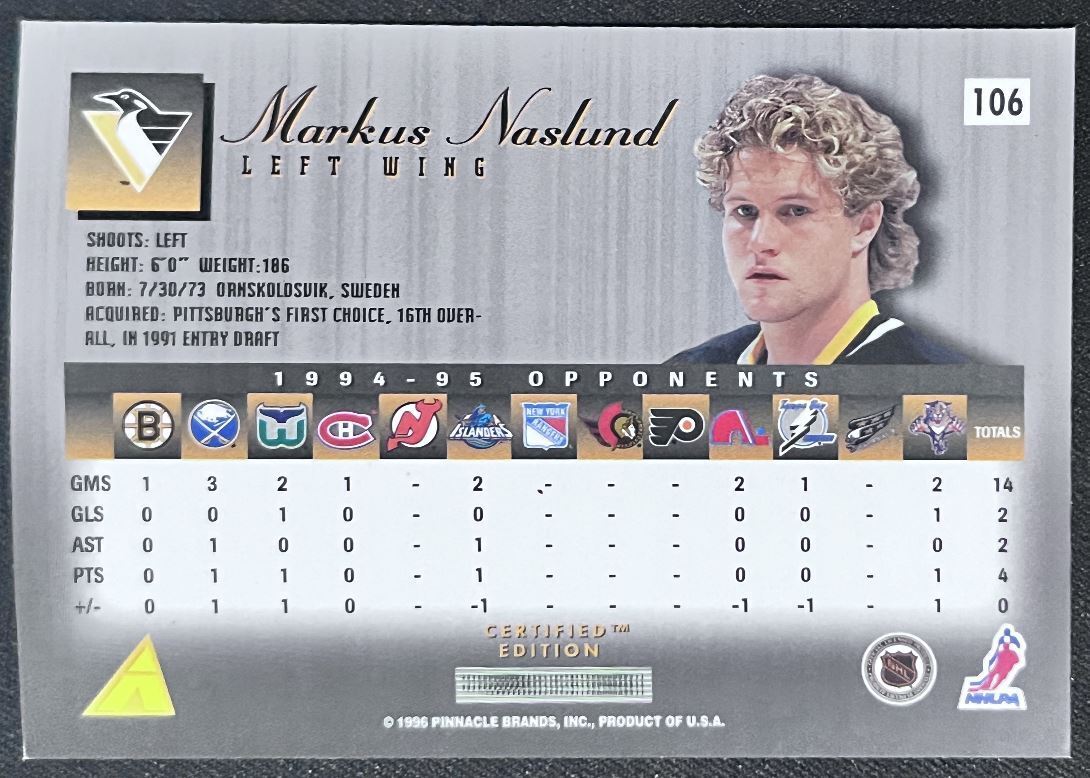 1995-96 Select Certified Markus Naslund Pittsburgh Penguins #106