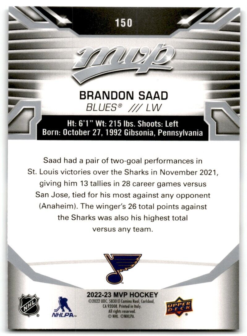 2022-23 Upper Deck MVP Silver Brandon Saad St. Louis Blues #150