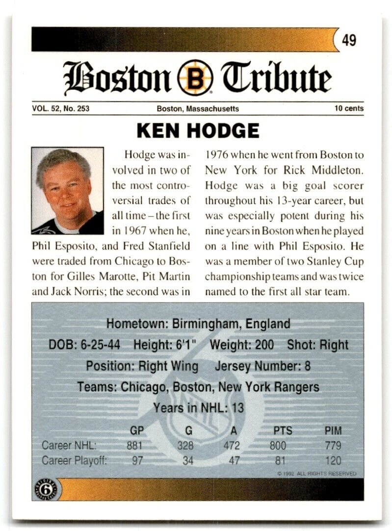 1991-92 Ultimate Original 6 Ken Hodge Boston Bruins #49A