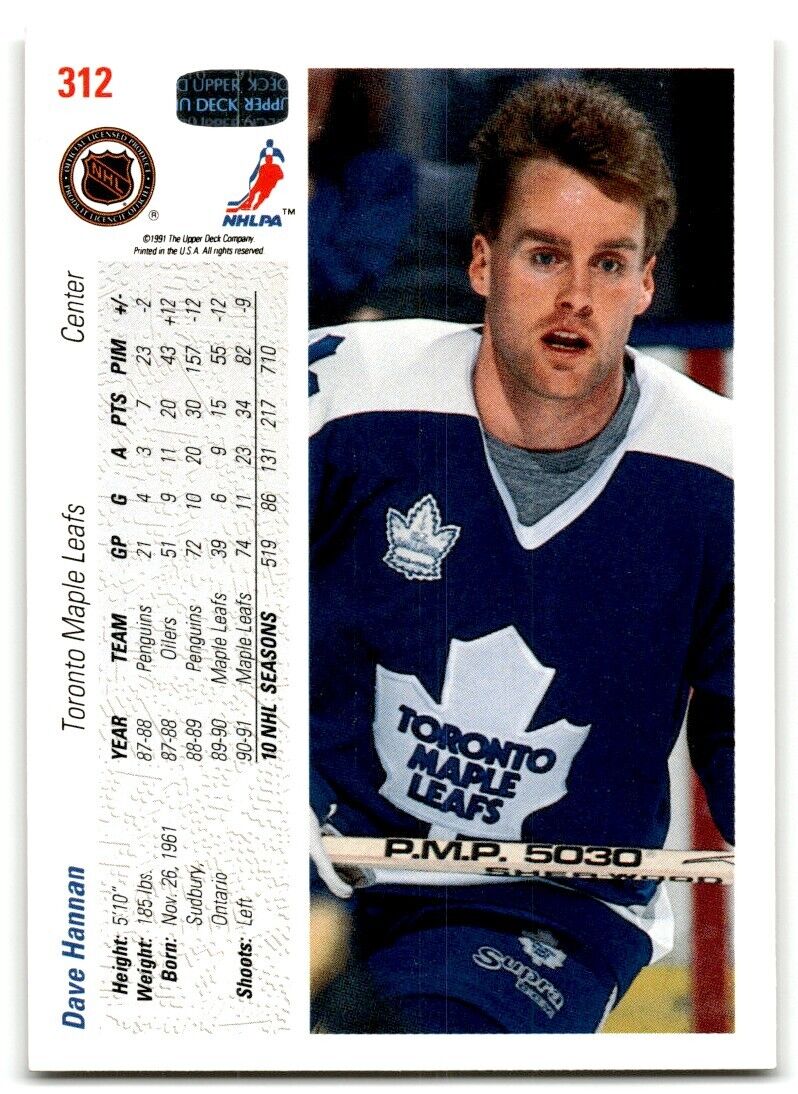 1991-92 Upper Deck Dave Hannan Toronto Maple Leafs #312